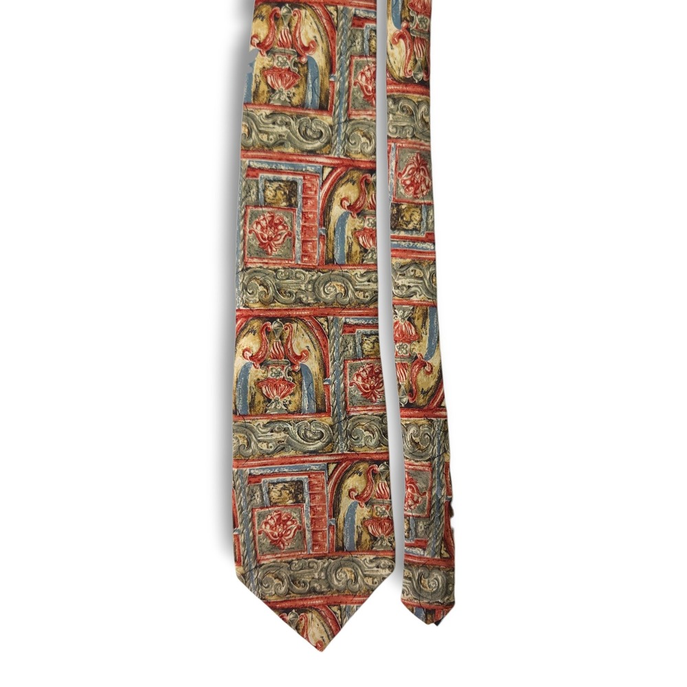 Barrington Silk Necktie Ornate Baroque Architectural Print Red Gold Vintage OS - Picture 2 of 6
